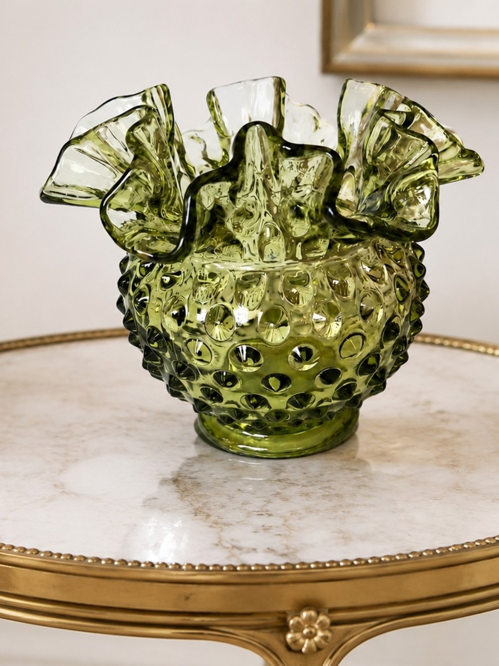 VTG Colohial Green Hobnail Glass Ruffled Vase - Decorative Home Accent